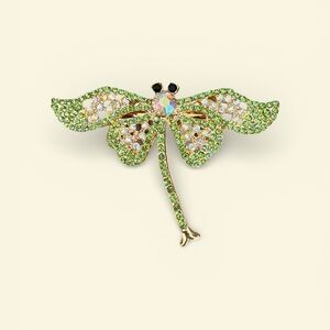 Mint Green and Sparkly Gold Tone Dragonfly Brooch